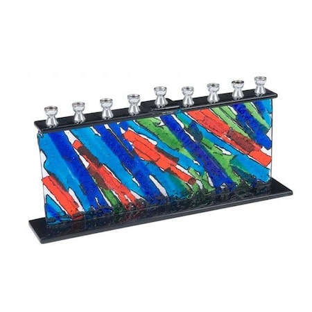 Gift Mark M-741 Hand Made Fused Multi Colored Glass Menorah; Angle